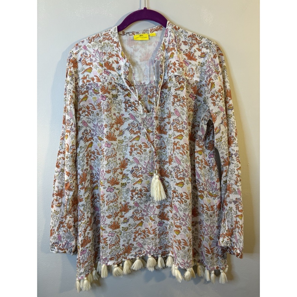 ROBERTA ROLLER RABBIT Floral Peasant Top S Tassels Birds